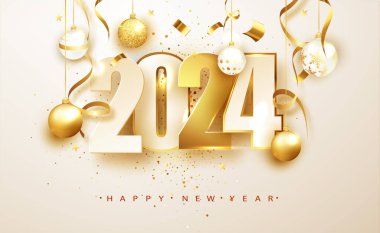 Yeni yıl 2024. Rakamların yazılı olduğu pankart 2022 yılbaşı süslemesi ve beyaz arka planda konfeti. Tatil tebrik kartı tasarımı.