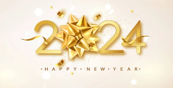 2024 Mutlu Yıllar vektör geçmişi altın hediye yayı, konfeti, beyaz sayılar. Kış tatili tebrik kartı tasarımı. Noel ve Yeni Yıl posterleri.