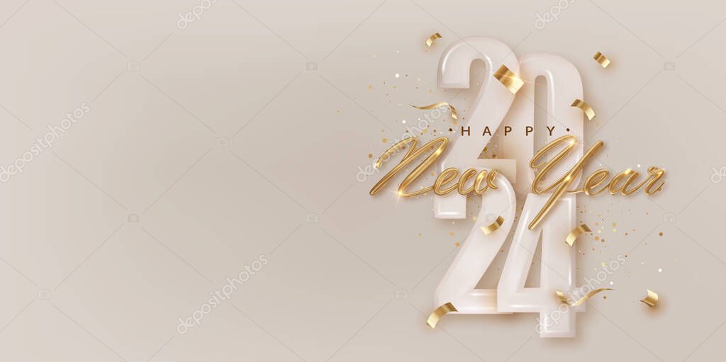 2024 Happy New Year festive card template. Greeting Christmas horizontal banner design with congratulations. Realistic golden metal lettering with confetti