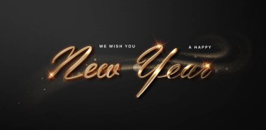 Yeni yılınız kutlu olsun. Altın metal harfi ile siyah zemin üzerinde altın parıldayan parçacıklar