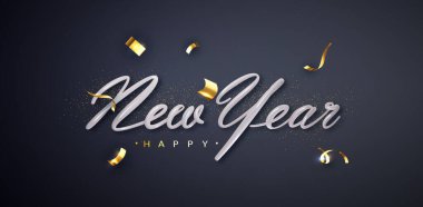 Lacivert arka planda konfeti olan mutlu yeni yıl beyaz 3D harfleri. Tatil tebrik kartı tasarımı.