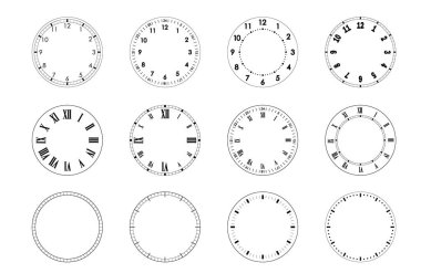 Mekanik saat yüzleri, bezel. Boş ölçüm çemberi ölçeği ve bölünmeler. Zaman için saat çemberleri