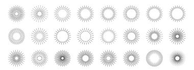 Güneş patlaması çizgileri ana hatları. Patlayan güneş, kıvılcımlar, yıldız ışınları. Retro elementlerin tasarımı. Yaratıcı çerçeve ve soyut rozet için radikal klasik şablon izole edildi.
