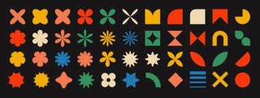 Soyut Geometrik Şekiller Ayarlandı. Figürler, Çiçekler, Kalpler ve Parıltılar Koleksiyonu Yazdırma, Çıkartma ve Sancaklar İçin Mükemmel. Bauhaus, Memphis Tasarımı.