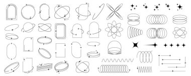 Parıltılı minimalist doğrusal elementler. Poster tasarımı için kemerli çerçeveler, boho tarzında modern vektör seti. Y2k çerçeve