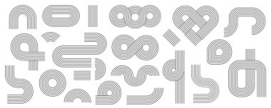 Geometrik çizgili desen ayarlandı. Estetik tasarım sanat şekli. Çizgili ve çizgili boho şekilleri. Vektör modern vuruş sanatı