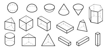 Isometric temel geometrik şekiller. Görünmez şekil çizgileri olan siyah basit Volumetrik figür.