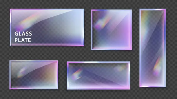 ブラックバックで隔離されたクリスタルガラスバナーの屈折とホログラフィック効果 オーバーレイ分散ライト 虹の勾配が付いている透明なガラス版 ロイヤリティフリーストックベクター