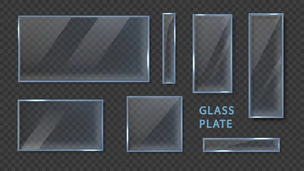 ガラスプレートテンプレート 暗い背景に隔離された現実的なセット 3Dクリアガラスバナーまたはフレーム フレアとライト付きのアクリルとガラステクスチャ ストックイラスト