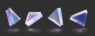 Cam ya da kristal üçgen farklı açıda. Holografik gradyan dokuya sahip şekil, şeffaf siyah arkaplanda izole edilmiş parlak geometrik nesne.