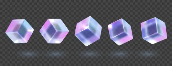 3Dクリスタルガラスホログラフィックキューブセット 光沢のある虹彩の幾何学的な形 クリスタルガラス要素 オーバーレイ分散ライト ストックイラスト