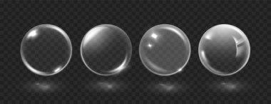 Siyah şeffaf arka planda yansıması olan gerçekçi beyaz şeffaf su kabarcıkları. 3D şeffaf kristal küre.