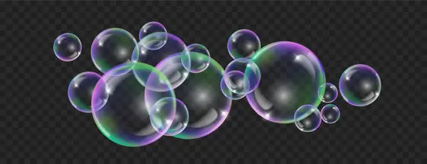 Seifenblasen Regenbogen Realistisch Isoliert Schwarz Transparenten Hintergrund Bunte Schaumseifenblasen Mit Stockvektor