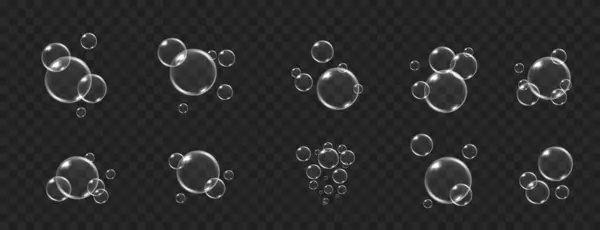 黒い透明な背景で隔離された現実的な水泡のコレクション 反射による空気または水泡のセット ベクターグラフィックス