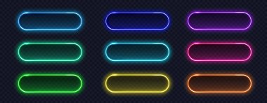 Neon düğmesi modern simge seti. Web tasarımı, uygulama, oyun ve arayüz için parlayan çerçeveler imza koleksiyonu.