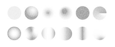 Gürültü eğilimli şekil. Tahıl desenli çeşitli çemberler. Siyah ses gradyanı izole edildi. Yarı ton noktalı yuvarlak vektör tasarım elementleri