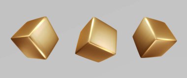 Altın küp izole edildi. Gerçekçi 3D nesne küp ve geometrik bloğu kare şeklinde şekillendirir. Altın renk vektör ögesi