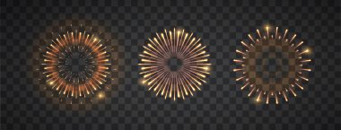 Patlayan festival havai fişekleri, karanlık arka planda izole edilmiş. Tatil afişi, poster, broşür, tebrik kartı, dekoratif tasarım. Gerçekçi vektör