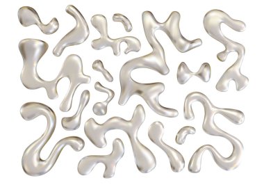 Chrome liquid silver shapes isolated. Realistic metal droplets. Glossy bubbles or blots, platinum fluid with reflective surface clipart