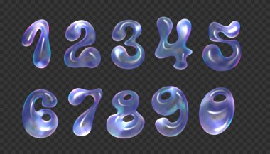 Kristal holografik Y2K numarası. Gökkuşağı renkleri yansıma cam numaraları retro fütüristik stil. Dağıtım ışığı ile kaplanmış kristal cam element.