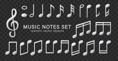 Beyaz müzik sembolü gerçekçi koleksiyon izole edildi. Bir sürü not ve sembol. Müzik notaları siyah arkaplanda izole