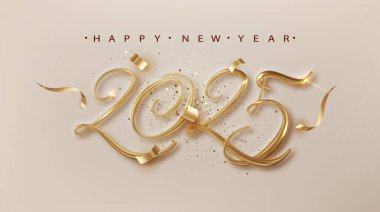 2025 Happy New Year banner with golden 3d realistic number and falling confetti . Celebration New Years Eve bright background clipart