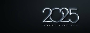 Mutlu yıllar 2025, parlak gümüş sayısıyla. Yeni yıl için en iyi tasarım ve pankartlar için Noel tebrikleri, tatil geçmişi