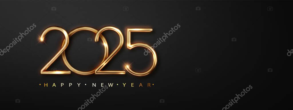 Happy new year 2025 with shiny gold thin number. Premium design for New Year and Christmas greetings for banners, posters or social media and calendars.