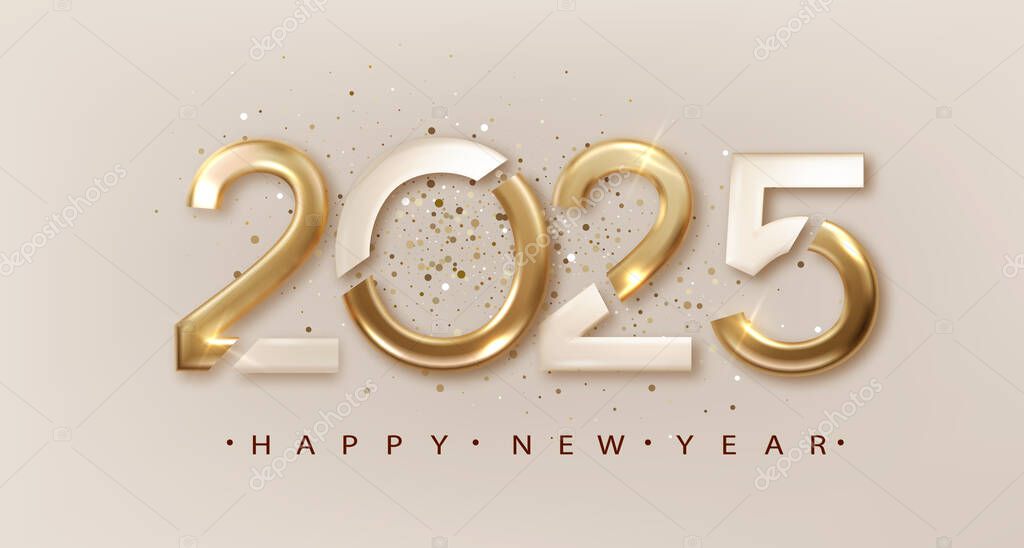 2025 Happy New Year background with gold glitter shining Holiday Celebration. Greeting festive card vector illustration.