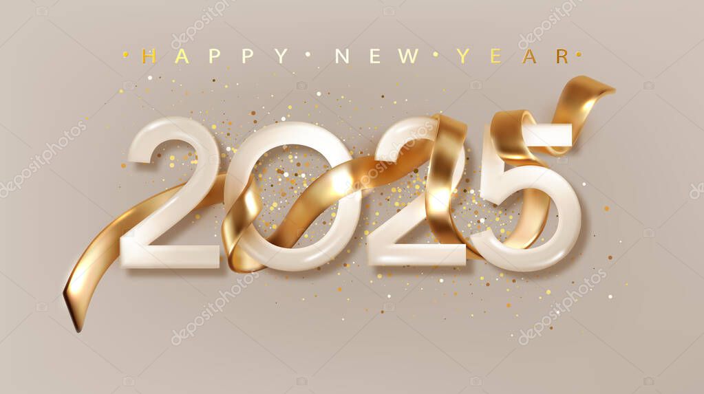 2025 Happy New Year with golden realistic ribbon. Banner for Christmas holiday.