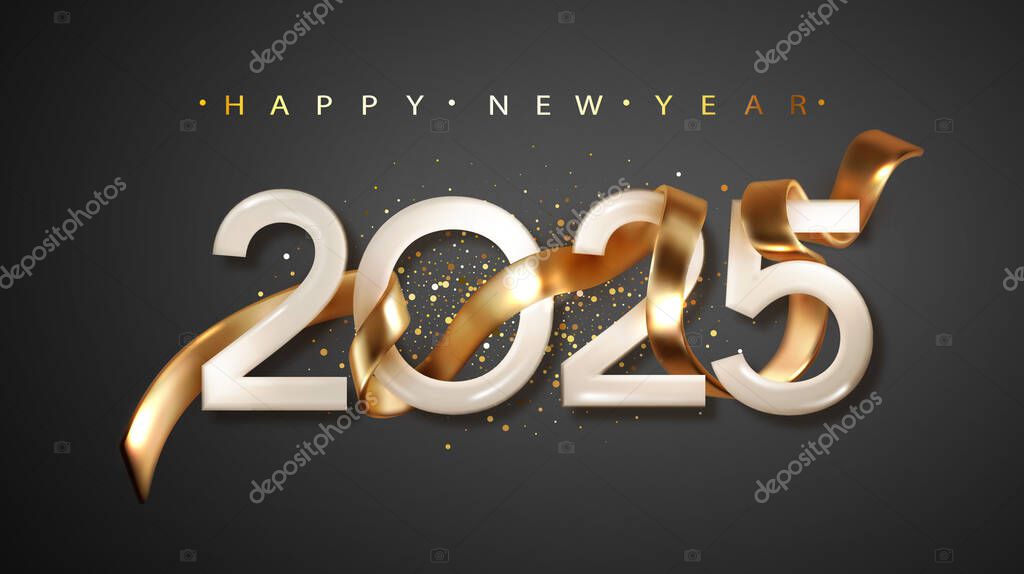 2025 Happy New Year with golden realistic ribbon on black background. Christmas holiday illustration