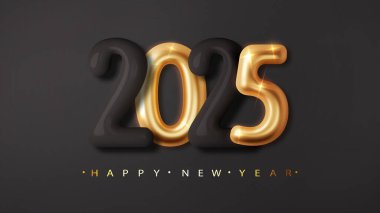 Mutlu yıllar 2025. 3D Siyah ve Altın Sayılar Vektörü