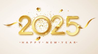 Mutlu yıllar 2025. Kurdeleli altın sayılar ve beyaz arkaplanda konfeti.