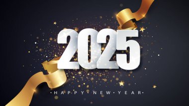 2025 Altın hediye kurdelesi, konfeti ve beyaz sayılarla mutlu yıllar vektör geçmişi.