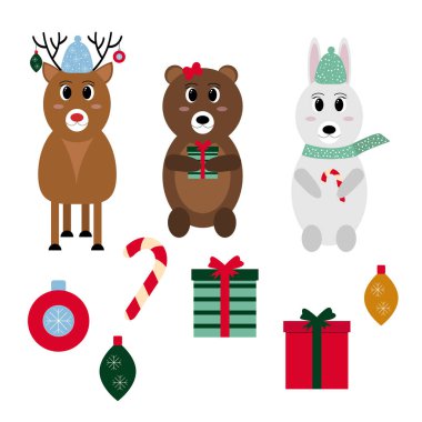 İzole vektör Noel seti, ayı, geyik, tavşan, tavşan, hediye, Noel şekeri, noel balosu 