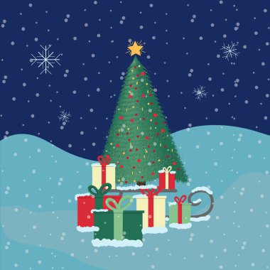 Altında hediyeler olan bir Noel ağacı konsepti, kış, tatiller, gece karı.