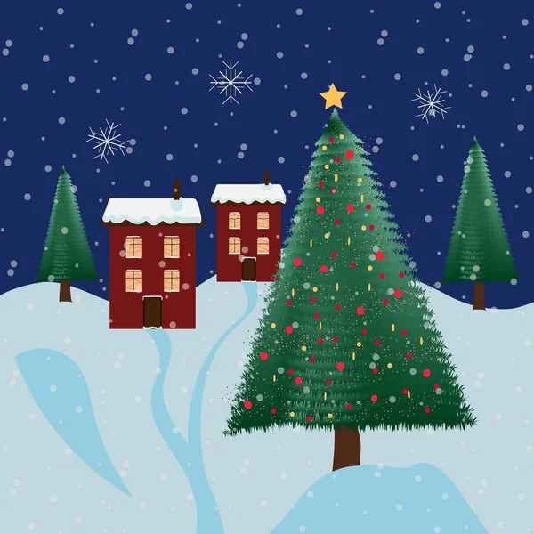 Evlerin yanında bir Noel ağacı konsepti, kış, tatil, gece, kar