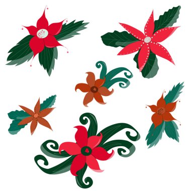 Noel çiçekleri koleksiyonu, çizilmiş vektör koleksiyonu dekorasyon için Noel çiçekleri seti, dekoratif elementler.