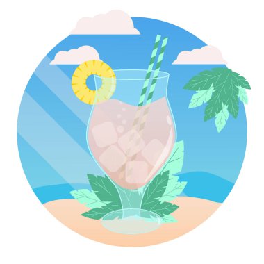 Deniz kıyısında ananaslı tropik içecek, okyanusta tropik kokteyl, el yapımı vektör görüntüsü.