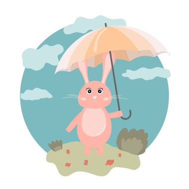 Doğada şemsiyesi olan sevimli bir tavşan. Geçmiş, takvim, tebrik kartı, parti davetiyesi, web sitesi afişi, sosyal medya afişi ve pazarlama materyali için vektör illüstrasyonları.