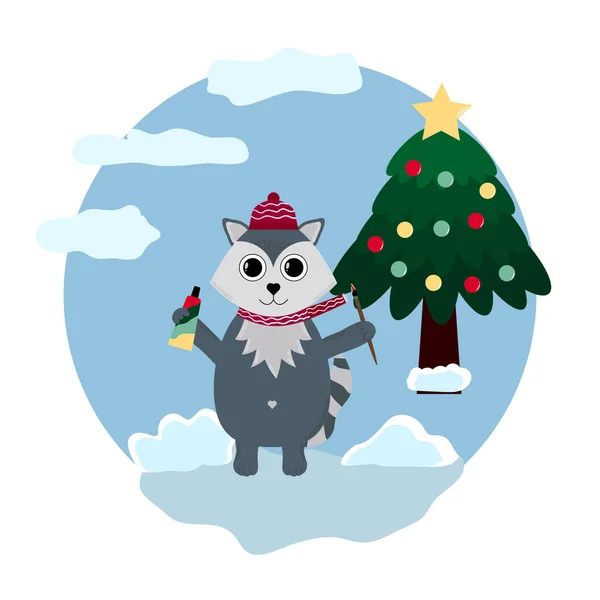 Boyalı ve fırçalı rakun Noel ağacını boyar. Geçmiş, takvim, tebrik kartı, parti davetiyesi, web sitesi afişi, sosyal medya afişi ve pazarlama materyali için vektör illüstrasyonları