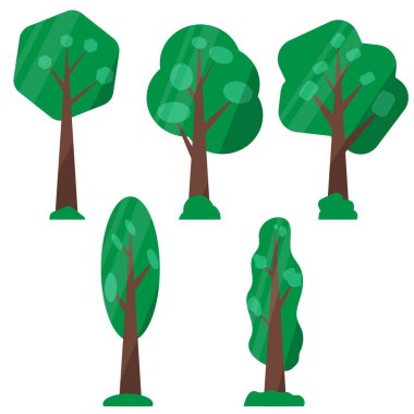 Bahçe yeşili çalılar. Bitki çalıları, çimenler ve ağaçlar. Manzara parkı, arka bahçe, orman için karikatür ikonu. Bahar ya da yaz bitkisi, ağaçlar, çalılar, dallar ve yapraklarla çalılar