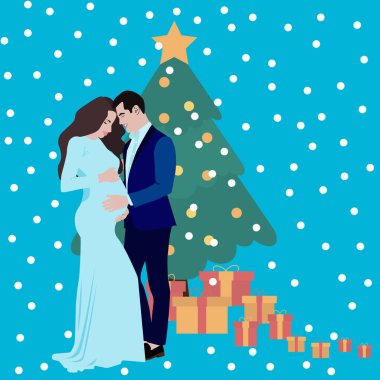 Mavi elbiseli hamile bir kadın, yanında pantolon giymiş bir adamla Noel ağacının yanında duruyor. Hediyelerle Noel 'i, yeni yılı, vektör illüstrasyonunu kutluyor.