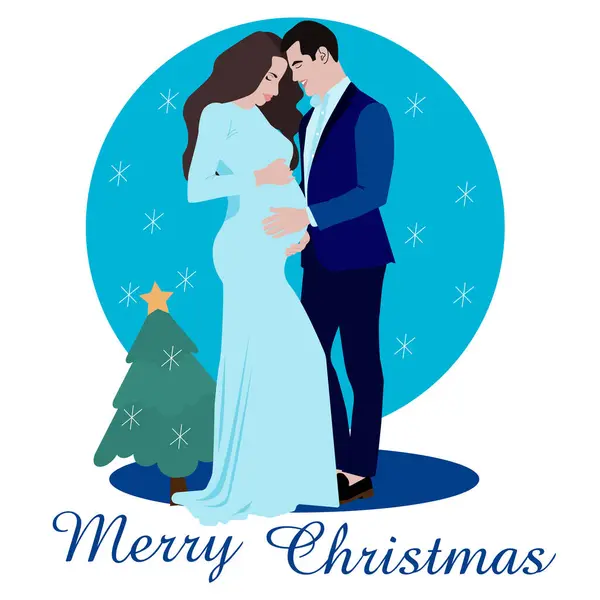 Mavi elbiseli güzel hamile bir kadın kar taneleri ve Noel ağacı, Noel kartı, vektör illüstrasyonuna karşı takım elbiseli bir adamla.