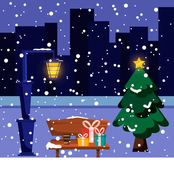 Noel ağaçları, bank, fener, yürüyüş yolu, tepeler ve şehrin ufuk çizgisi olan karlı kış şehir parkının temsilcisi. Pankart, poster ve ağ için kış Noel manzarası. Çizgi film şehir parkı düz stil