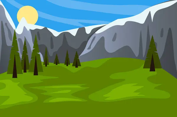 Yüksek dağların eteğindeki çayırlarda yeşil çimenler, çalılar ve ağaçların olduğu doğal yaz manzarası. Çizgi film vektörü panoramik manzara tepelerin yakınındaki çayırlar, bulutlu mavi gökyüzü.