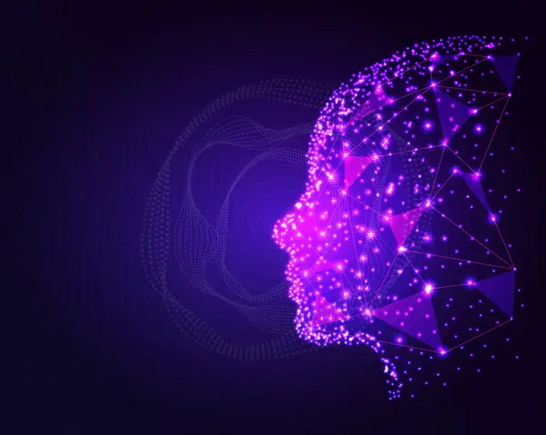 Dijital teknoloji yapay zeka tasarımı ile karşı karşıya. Parçacıklar soyut arkaplanda parlıyor. Neon dairesi sıçrama tasarımı. Sanal gelecek teknolojisi ve bilim vektörü Ai.
