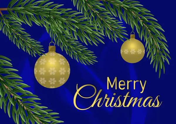 Gerçekçi 3D Noel kartı. Ağaçta Noel ağacı oyuncakları var. Oyuncak kar taneleri Noel ağacı, Noel balosu 3D ile süslenmiş.