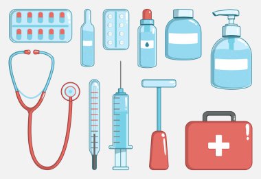 Tıbbi gereçler Eczane Malzemeleri 11 Düz Vektör Simgesi stetoskop, şırınga, termometre, ampul, sprey şişesi, pompa pompası, ilaç şişesi, iki su toplayıcısı, refleks çekiç, klinikler için ilk yardım çantası, acil servis, teletıp