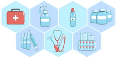 Altıgen Tıbbi Simge Seti, Sıhhi Yardım Çantası, Spreyin Şişesi, İlaç kavanozları, Şırıngalı ampuller, Şırınga Tanısal Araçlar, Sıhhhiye Kullanımı, Uygulamalar ve Bilgiler İçin Toprak Paketler Düz Vektör Rozetleri